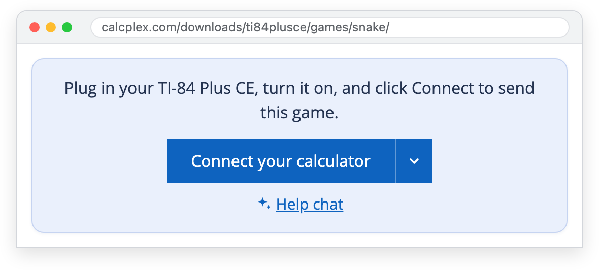 The box on a CalcPlex game page that says Plug in your TI-84 Plus CE, turn it on, and click Connect to send this game, with a Connect your calculator button