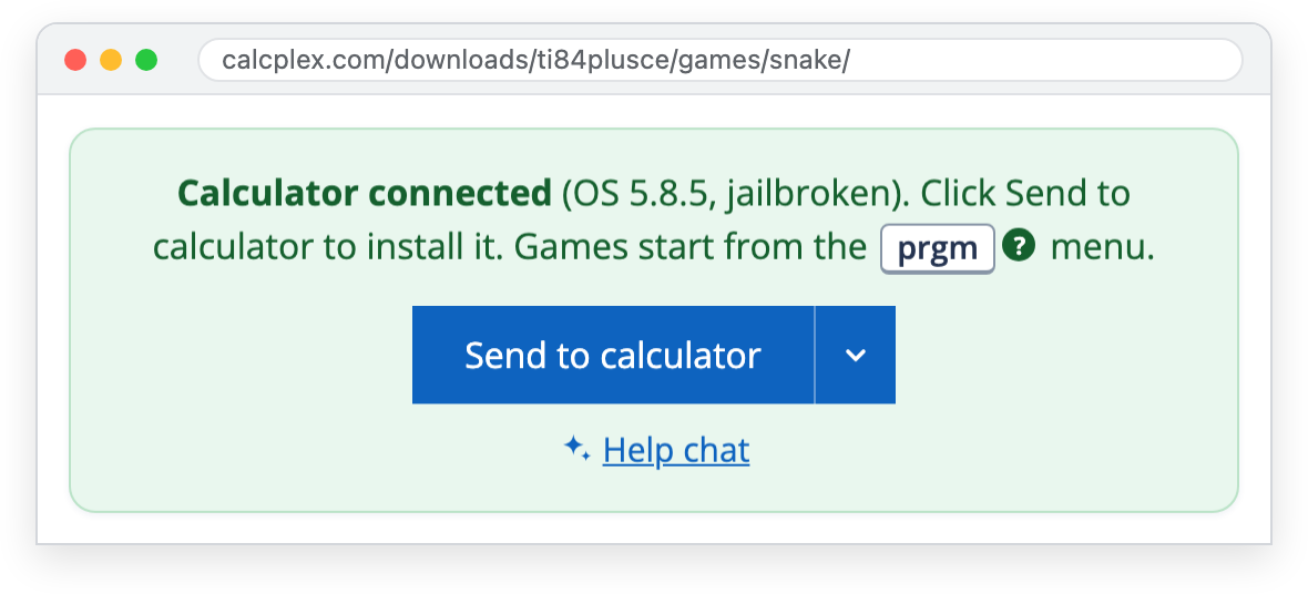 The game page box in green, saying Calculator connected (OS 5.8.5, jailbroken), with a Send to calculator button