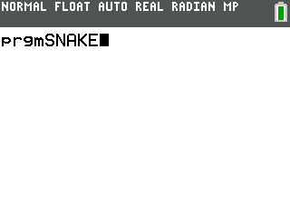 The TI-84 Plus CE home screen showing prgmSNAKE