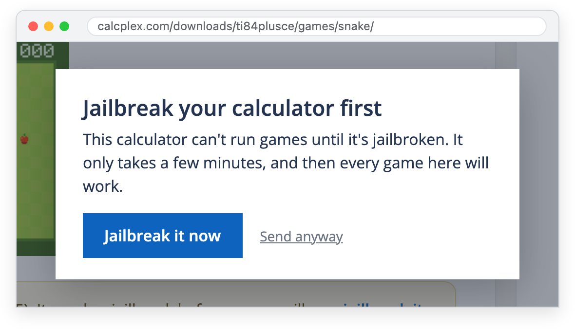The page's Jailbreak your calculator first prompt, with a Jailbreak it now button and a Send anyway link