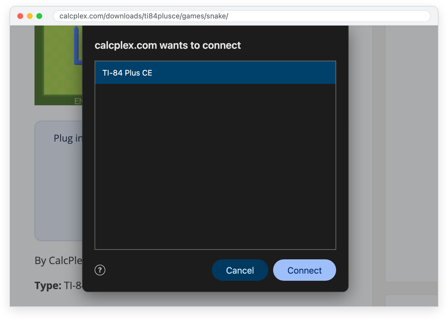 The browser popup that says calcplex.com wants to connect, with TI-84 Plus CE selected and the Connect button lit