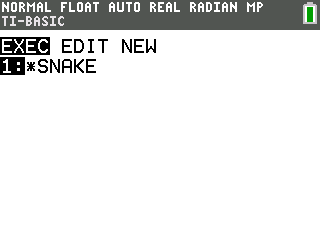 The TI-84 Plus CE prgm menu on OS 5.8.5, listing *SNAKE