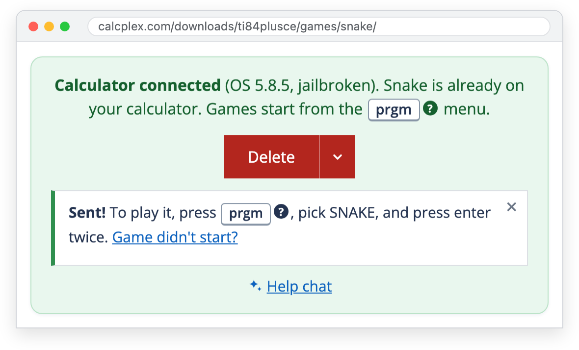The game page after the send: Sent! To play it, press prgm, pick SNAKE, and press enter twice