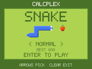 Snake's title screen on a TI-84 Plus CE, with ENTER TO PLAY and CLEAR EXIT
