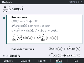 PlexMath taking the derivative of x squared sin(x) with the product rule step open
