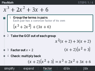 PlexMath's steps for factoring by grouping: group the terms in pairs, take the GCF out of each group, factor out x+2