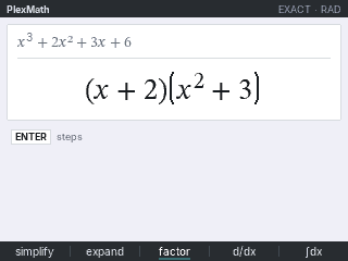 PlexMath factoring x cubed plus 2x squared plus 3x plus 6 into (x+2)(x squared+3) on a TI-84 Plus CE, with ENTER: steps under the answer