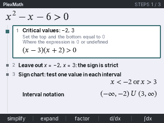 PlexMath solving x squared minus x minus 6 greater than 0 with critical values, a sign chart and interval notation