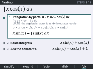 PlexMath integrating x cos(x) by parts, with u and dv shown in the first step