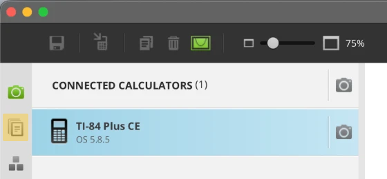 TI Connect CE with a TI-84 Plus CE connected: the left sidebar shows a green camera icon, then the stacked-pages icon, highlighted