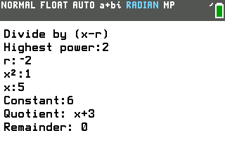 Polynomial divider tool on the TI-84 Evo dividing x squared plus 5x plus 6 by x plus 2, quotient x+3, remainder 0