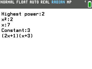 Factor a polynomial tool on the TI-84 Evo factoring 2x squared plus 7x plus 3 into (2x+1)(x+3)