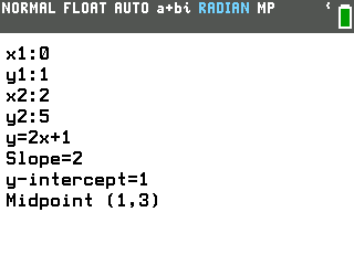 Linear equations tool on the TI-84 Evo giving y=2x+1, the slope, the y-intercept and the midpoint for the points (0,1) and (2,5)