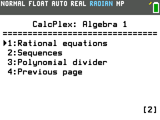 Second page of the Algebra 1 Suite menu on the TI-84 Evo: Rational equations, Sequences, Polynomial divider