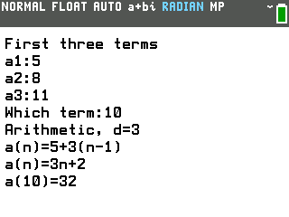 Sequences tool on the TI-84 Evo identifying 5, 8, 11 as arithmetic with a(n)=3n+2 and a(10)=32