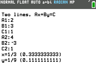 System of equations tool on the TI-84 Evo solving 2x+3y=1 and 4x-3y=1, printing x=1/3 and y=1/9