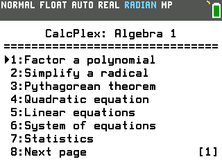 Algebra 1 Suite program on a TI-84 Evo