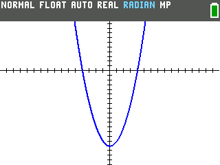 The TI-84 Evo graph of Y1 equals X squared minus 16 with the window's bottom at negative 20, showing the whole narrow parabola