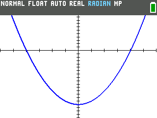 The TI-84 Evo graph of Y1 equals X squared minus 16 in the window x from negative 6 to 6 and y from negative 20 to 10.4, filling the screen