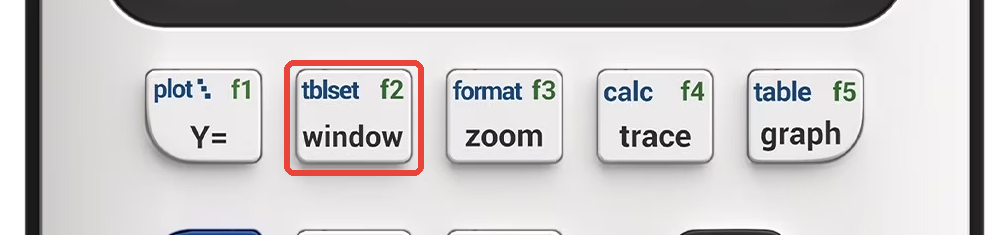 The TI-84 Evo top row of keys with the window key highlighted