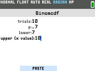 The Binomcdf setup screen on the TI-84 Evo with trials 10, p .7, lower 7 and upper 10