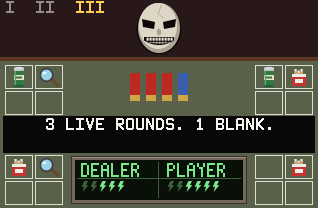 Buckshot Roulette on a TI-84 Evo: the dealer across the table, the shells for the next load and items in the boxes
