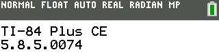 The TI-84 Plus CE About screen showing OS version 5.8.5.0074 under the model name