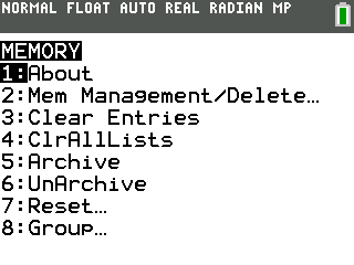 The TI-84 Plus CE MEMORY menu, with 1:About at the top