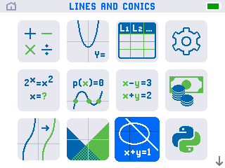 The TI-84 Evo app grid with the Lines and Conics icon highlighted and LINES AND CONICS named in the title bar