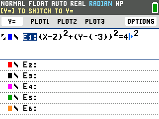 The TI-84 Evo Lines and Conics row E1 holding open paren X minus 2 close paren squared plus open paren Y minus negative 3 close paren squared equals 4 squared