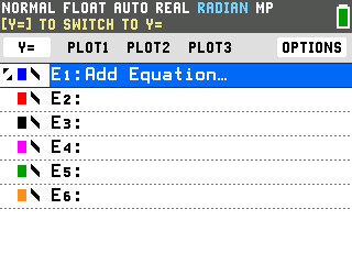 The TI-84 Evo Lines and Conics equation list with E1 Add Equation highlighted