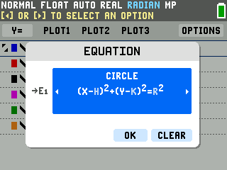 The TI-84 Evo Lines and Conics equation picker showing the CIRCLE form open paren X minus H close paren squared plus open paren Y minus K close paren squared equals R squared