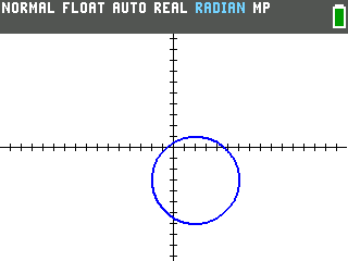 The TI-84 Evo graphing a round circle centered at 2, negative 3 with radius 4