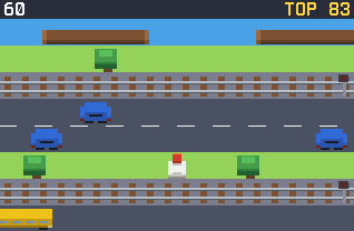 Crossy Road on a TI-84 Evo: the chicken on grass below a road, a railway and a river