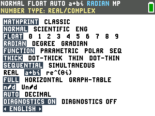 The TI-84 Evo mode menu with a+bi selected and the status bar now reading a+bi