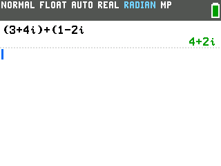 The TI-84 Evo home screen showing (3+4i)+(1-2i) evaluated to 4+2i