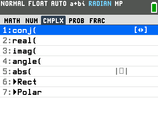 The TI-84 Evo MATH menu open on the CMPLX tab showing conj, real, imag, angle, and abs