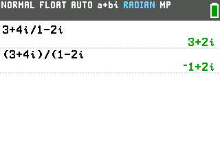 The TI-84 Evo showing 3+4i/1-2i evaluated as 3+2i and (3+4i)/(1-2i) evaluated as -1+2i