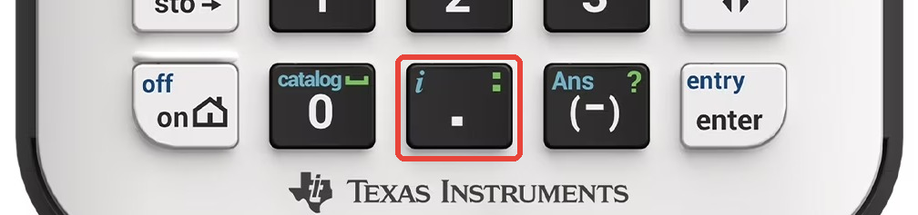 TI-84 Evo keyboard with the decimal point key highlighted and i printed in blue above it