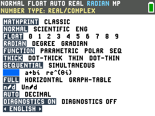 The TI-84 Evo mode menu with the cursor on the REAL, a+bi, re to the theta i row