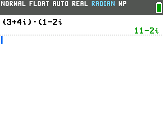 The TI-84 Evo showing (3+4i) times (1-2i) evaluated to 11-2i