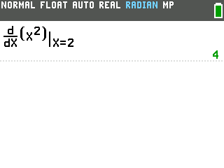 The TI-84 Evo home screen showing the derivative of X squared at X equals 2 is 4