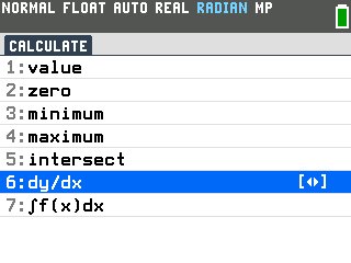 The TI-84 Evo CALCULATE menu with dy/dx highlighted