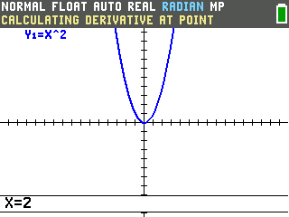 The TI-84 Evo graph screen asking for X, with 2 typed on the X equals line