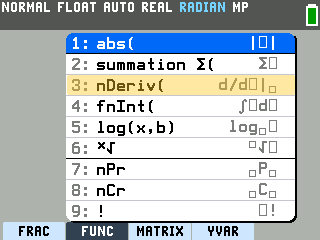 The TI-84 Evo FUNC shortcut menu, opened with alpha and window, with nDeriv( as item 3