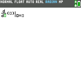 The empty nDeriv template on the TI-84 Evo home screen, d over d with empty boxes for the variable, the function and the point