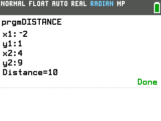 Distance Formula program on a TI-84 Evo