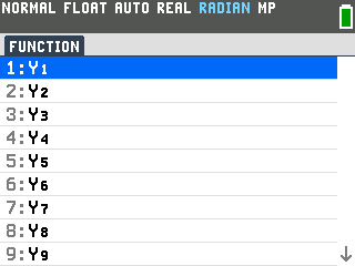 The Function submenu showing Y1 through Y9, with Y1 highlighted