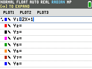 The Y= editor on the TI-84 Evo with Y1=2X+1 entered