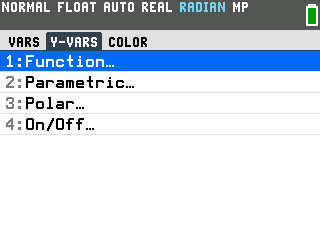 The VARS menu on the Y-VARS tab, showing 1:Function highlighted